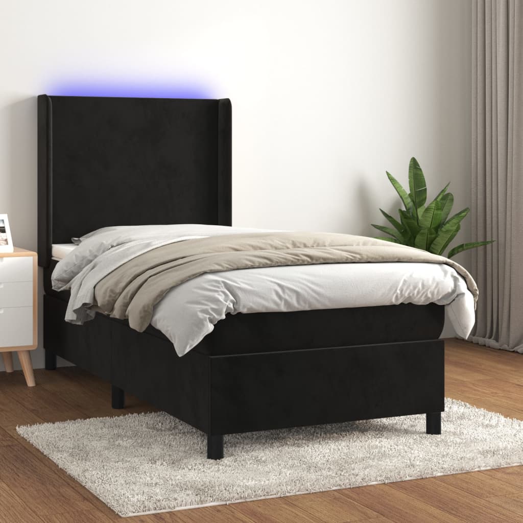 Fekete bársony rugós és LED-es ágy matraccal 90x200 cm