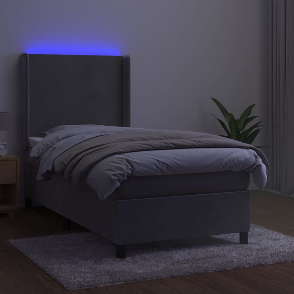 Világosszürke bársony rugós és LED-es ágy matraccal 100x200 cm 3
