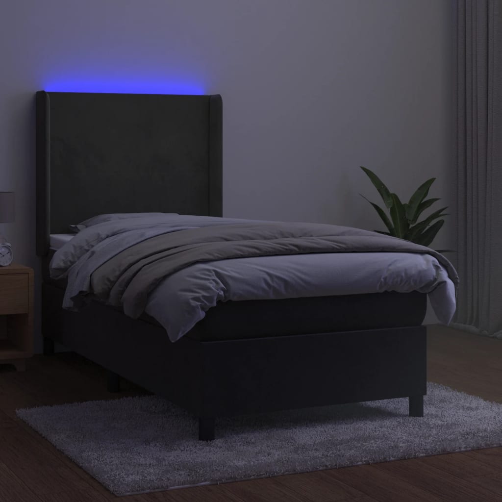 Sötétszürke bársony rugós és LED-es ágy matraccal 100x200 cm 3