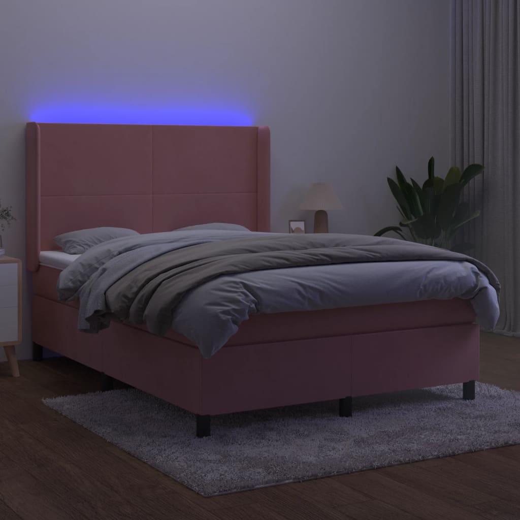 Rózsaszín bársony rugós és LED-es ágy matraccal 140x190 cm 3