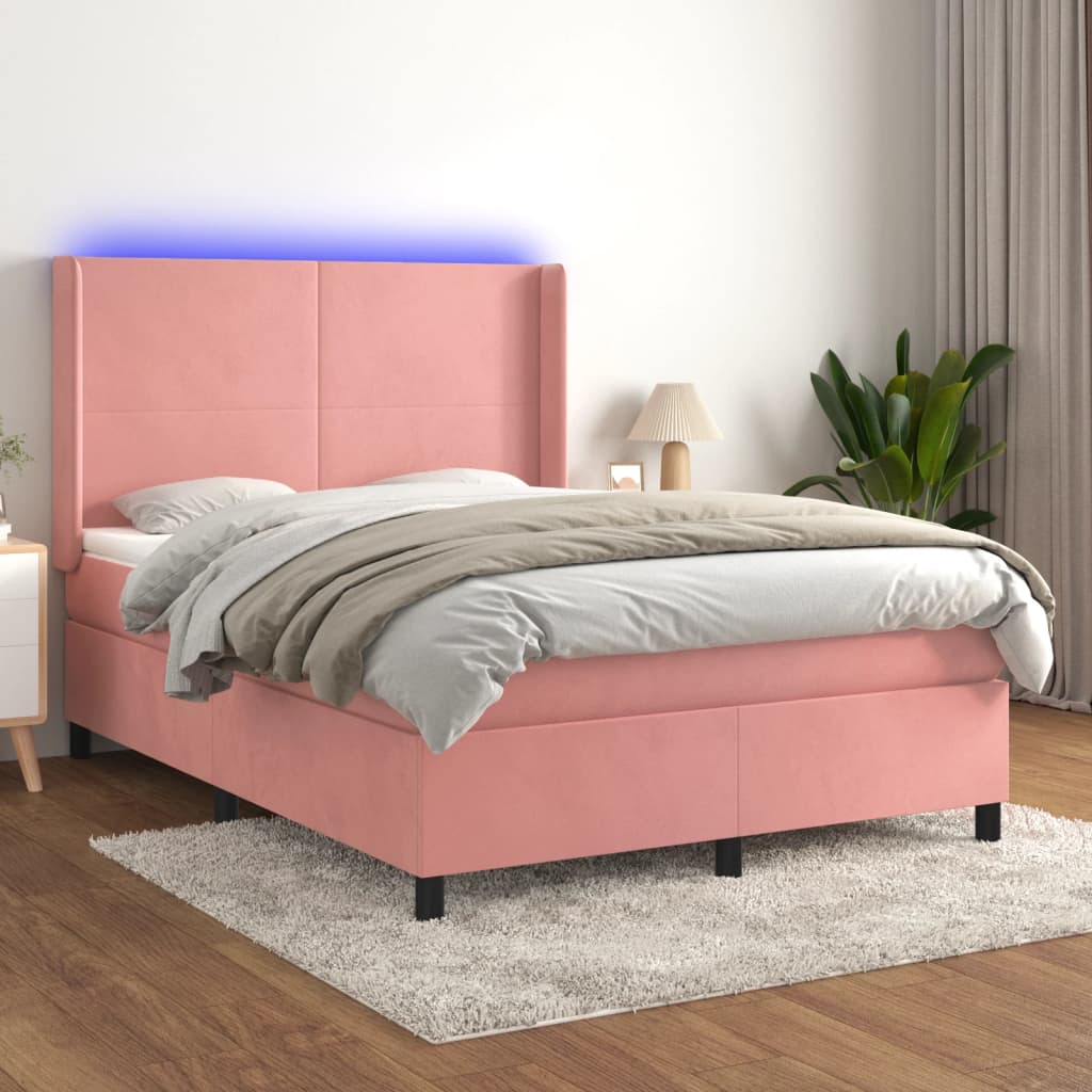 Rózsaszín bársony rugós és LED-es ágy matraccal 140x190 cm