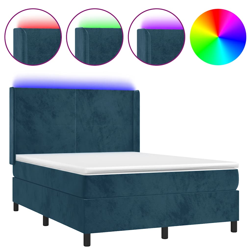 Sötétkék bársony rugós és LED-es ágy matraccal 140x200 cm 2