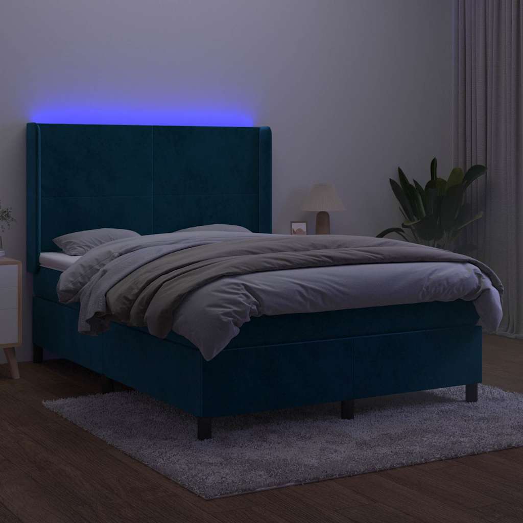 Sötétkék bársony rugós és LED-es ágy matraccal 140x200 cm 4