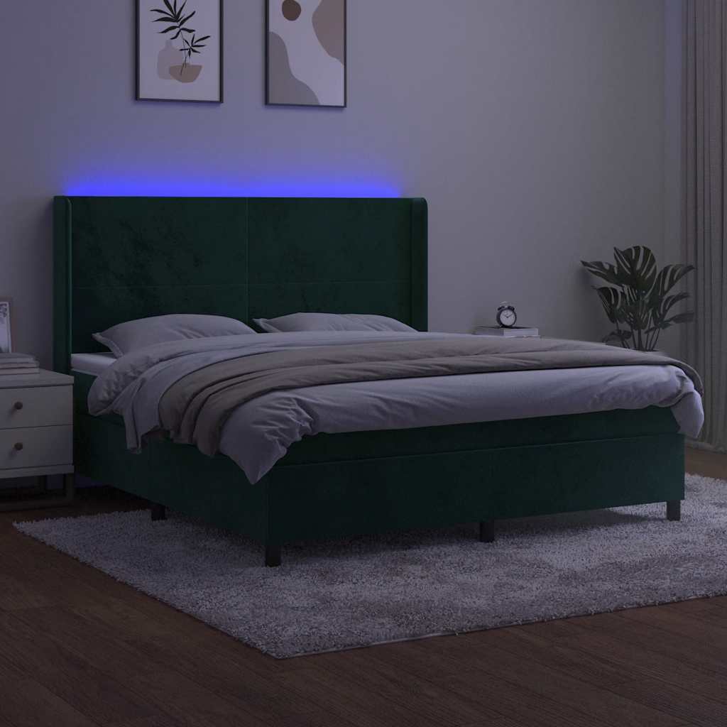 Sötétzöld bársony rugós és LED-es ágy matraccal 160x200 cm 3