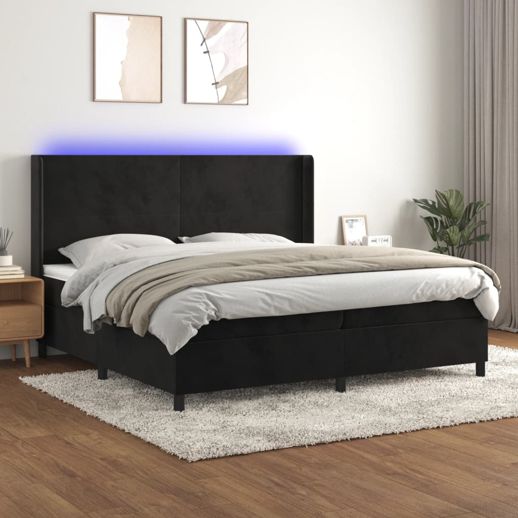 Fekete bársony rugós és LED-es ágy matraccal 200x200 cm
