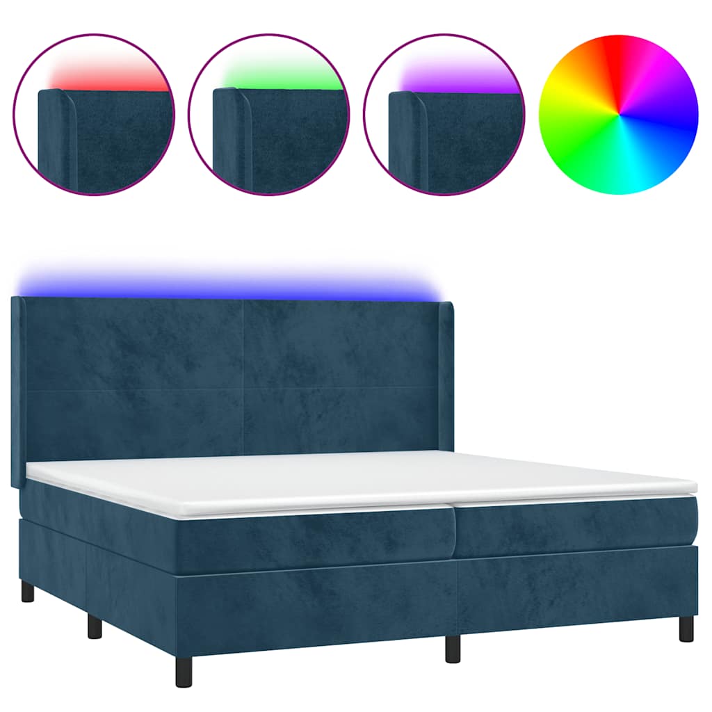 Sötétkék bársony rugós és LED-es ágy matraccal 200x200 cm 2