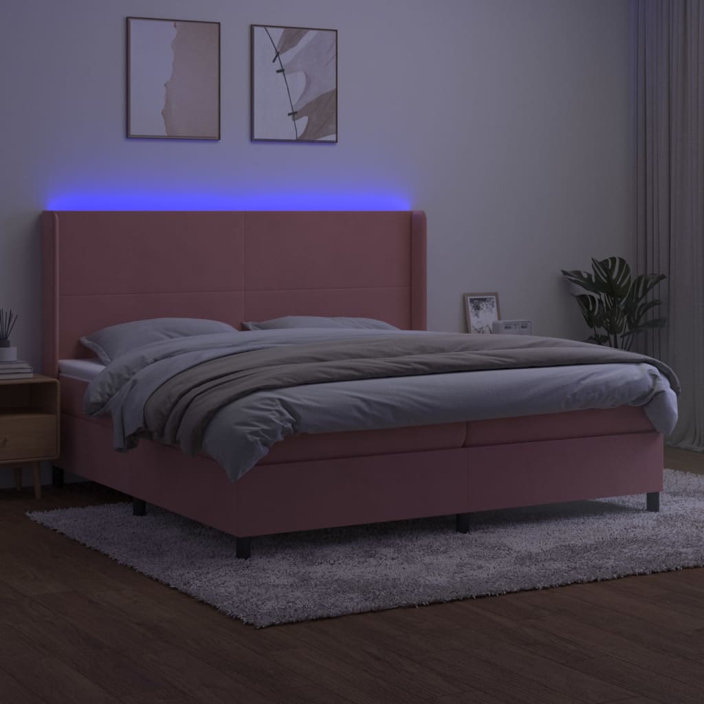 Rózsaszín bársony rugós és LED-es ágy matraccal 200x200 cm 3
