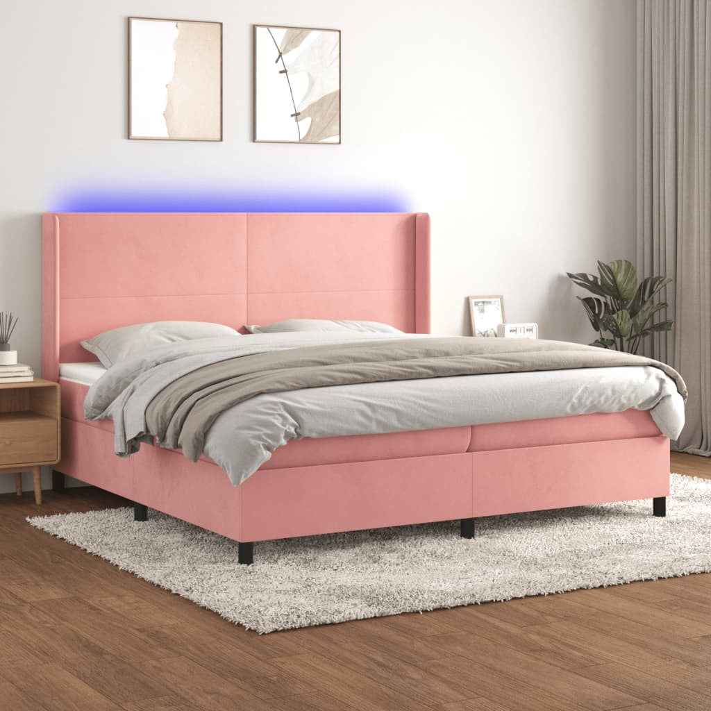 Rózsaszín bársony rugós és LED-es ágy matraccal 200x200 cm