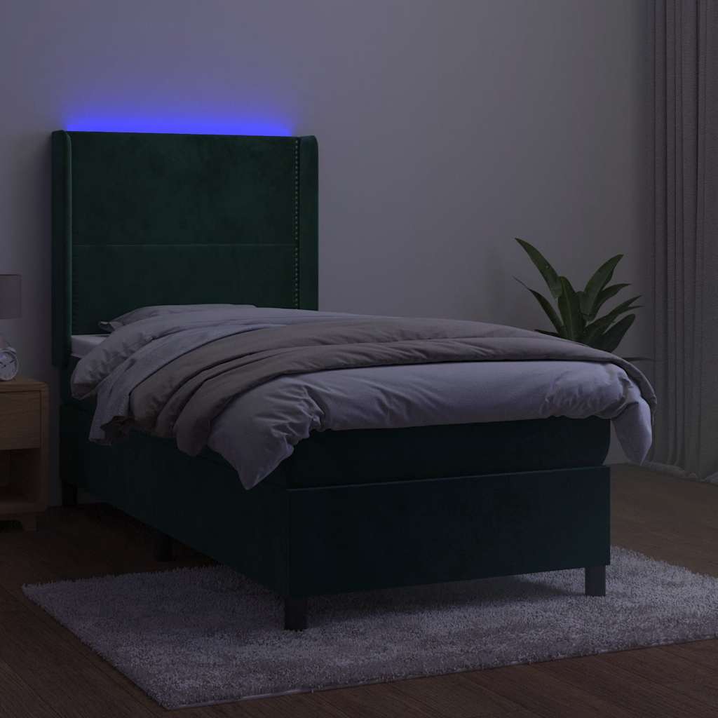 Sötétzöld bársony rugós és LED-es ágy matraccal 90x200 cm 3