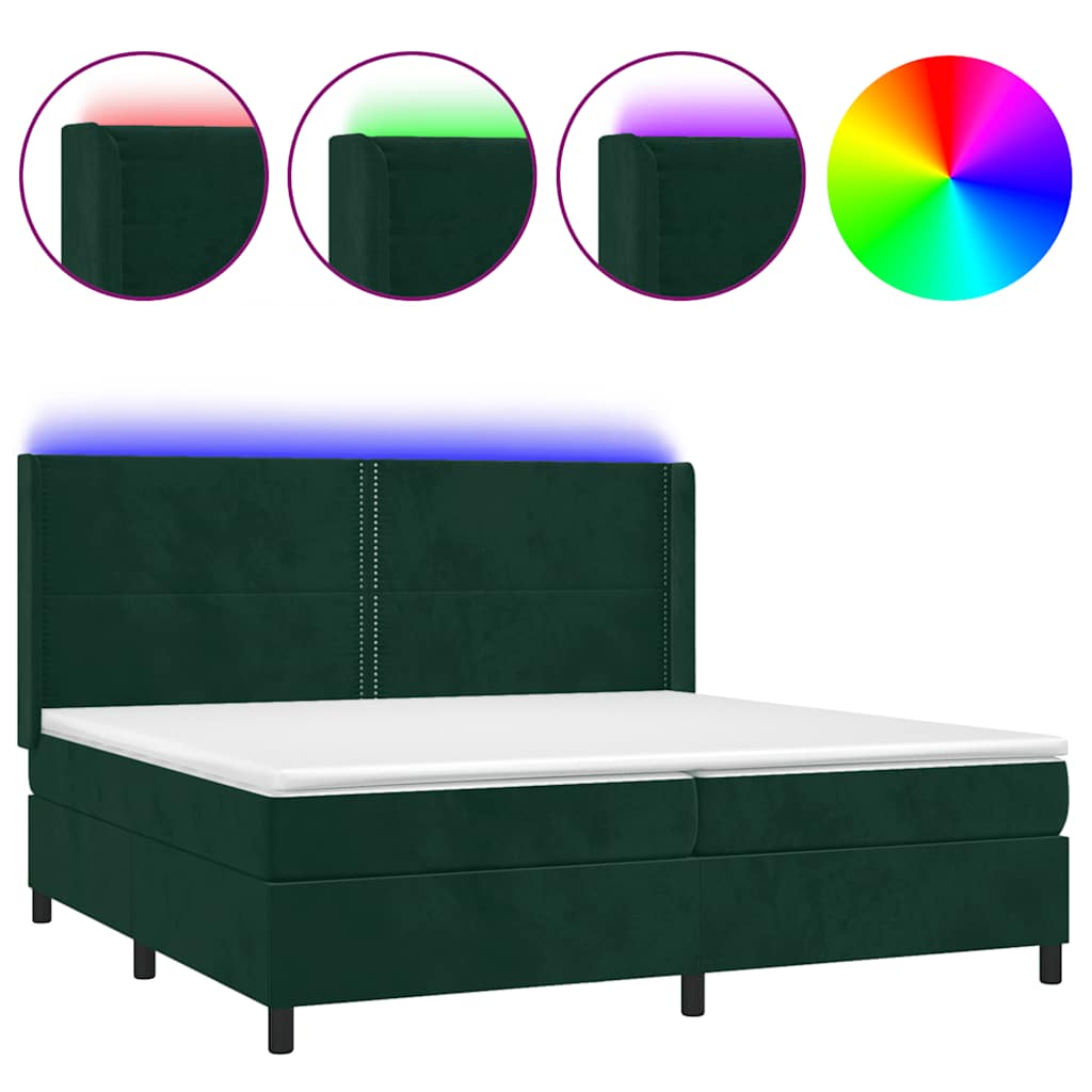 Sötétzöld bársony rugós és LED-es ágy matraccal 200x200 cm 2