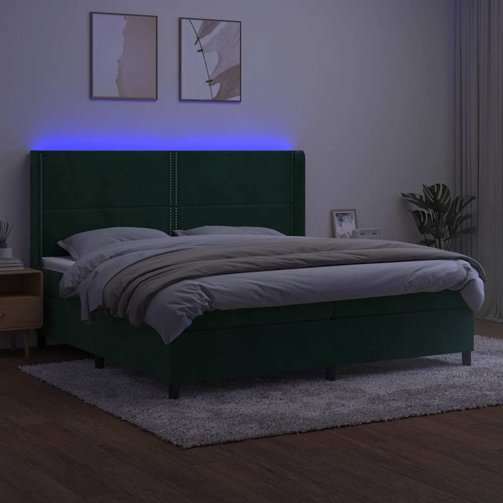Sötétzöld bársony rugós és LED-es ágy matraccal 200x200 cm 3