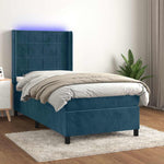 Sötétkék bársony rugós és LED-es ágy matraccal 90x190 cm