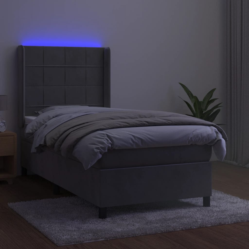Világosszürke bársony rugós és LED-es ágy matraccal 90x200 cm 3