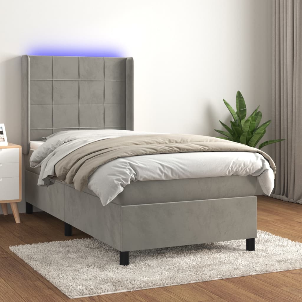 Világosszürke bársony rugós és LED-es ágy matraccal 90x200 cm
