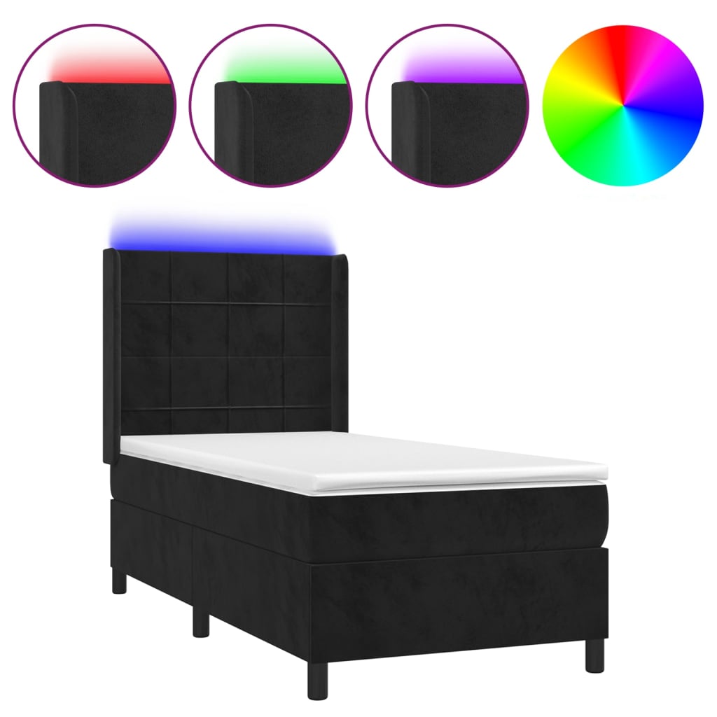Fekete bársony rugós és LED-es ágy matraccal 90x200 cm 2