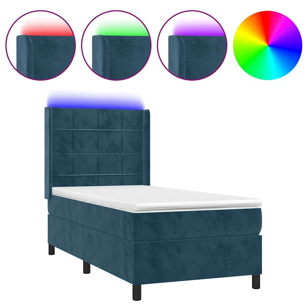 Sötétkék bársony rugós és LED-es ágy matraccal 90x200 cm 2