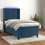 Sötétkék bársony rugós és LED-es ágy matraccal 90x200 cm