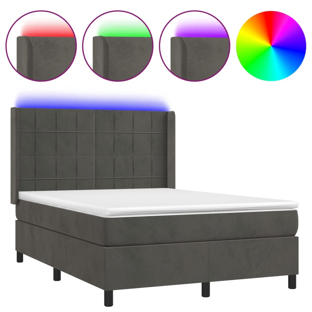 Sötétszürke bársony rugós és LED-es ágy matraccal 140x190 cm 2