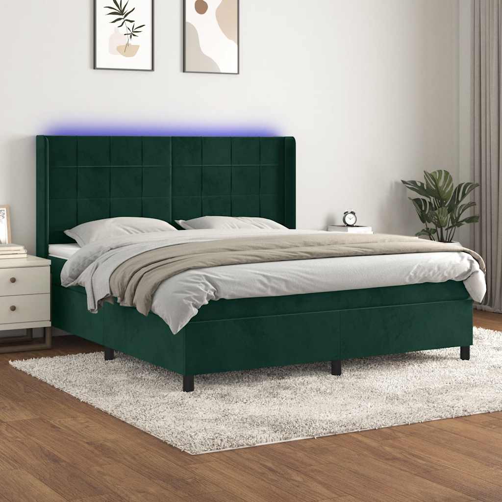 Sötétzöld bársony rugós és LED-es ágy matraccal 160x200 cm