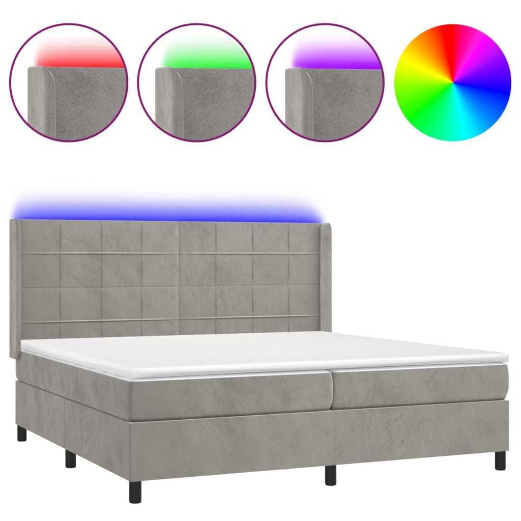 Világosszürke bársony rugós és LED-es ágy matraccal 200x200 cm 2