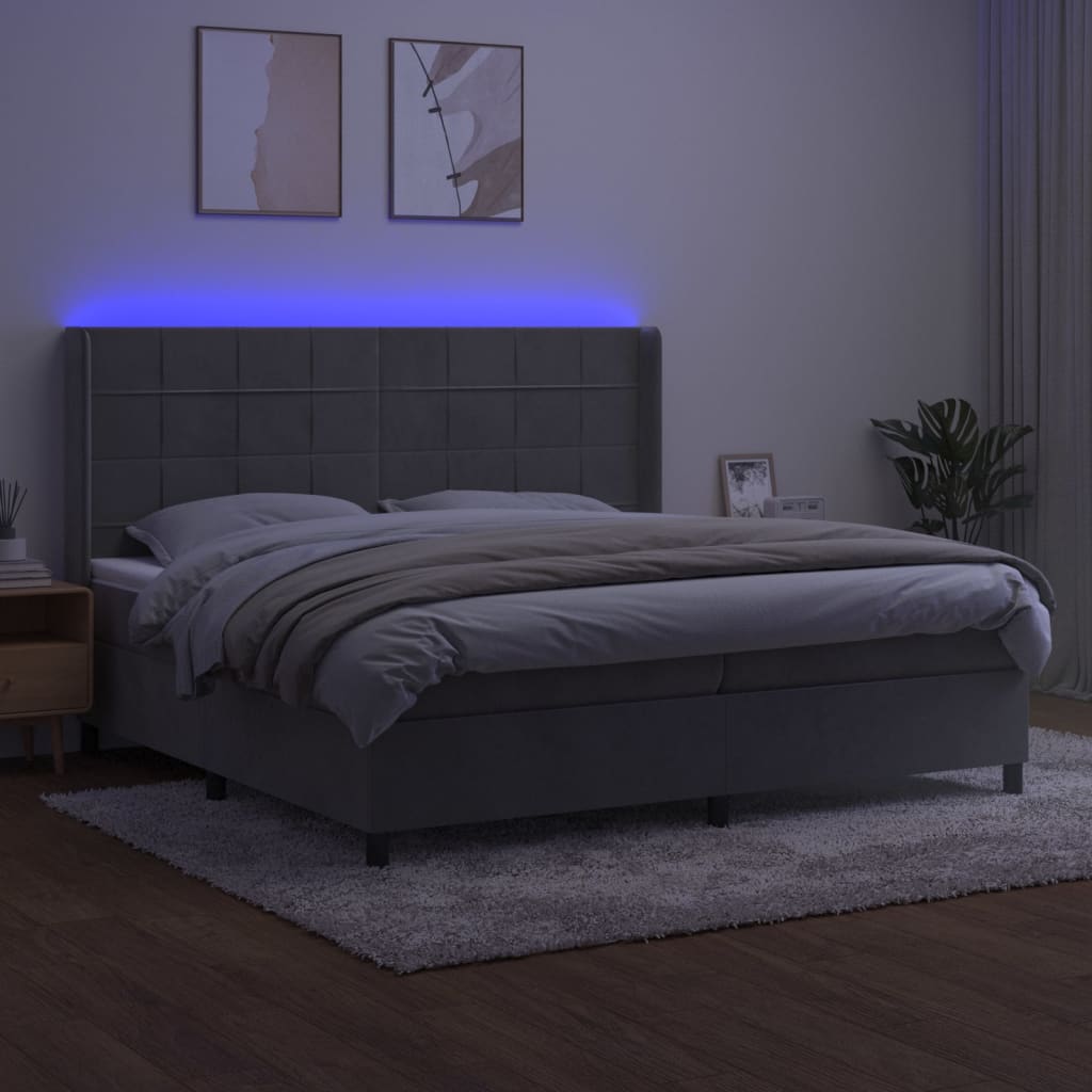 Világosszürke bársony rugós és LED-es ágy matraccal 200x200 cm 3