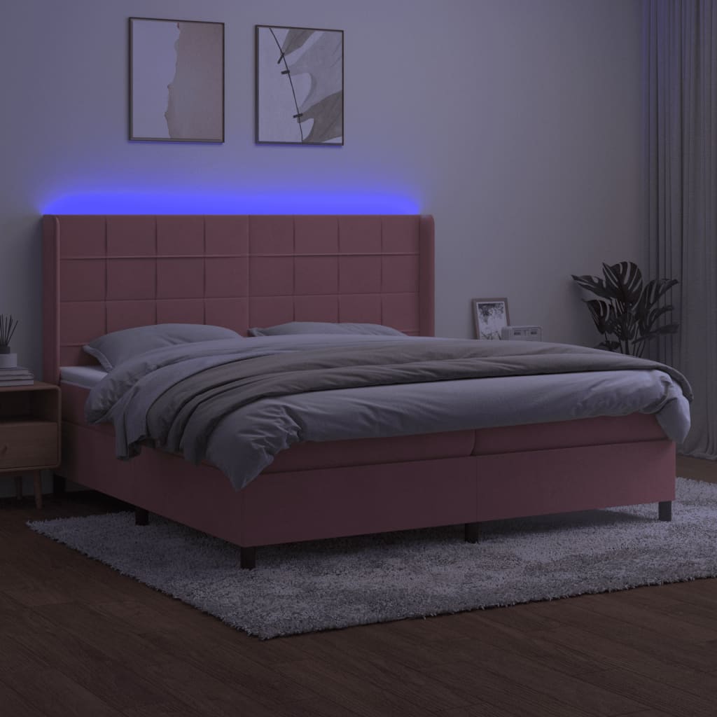 Rózsaszín bársony rugós és LED-es ágy matraccal 200x200 cm 3