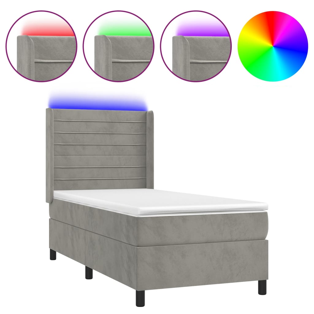 Világosszürke bársony rugós és LED-es ágy matraccal 90x200 cm 2