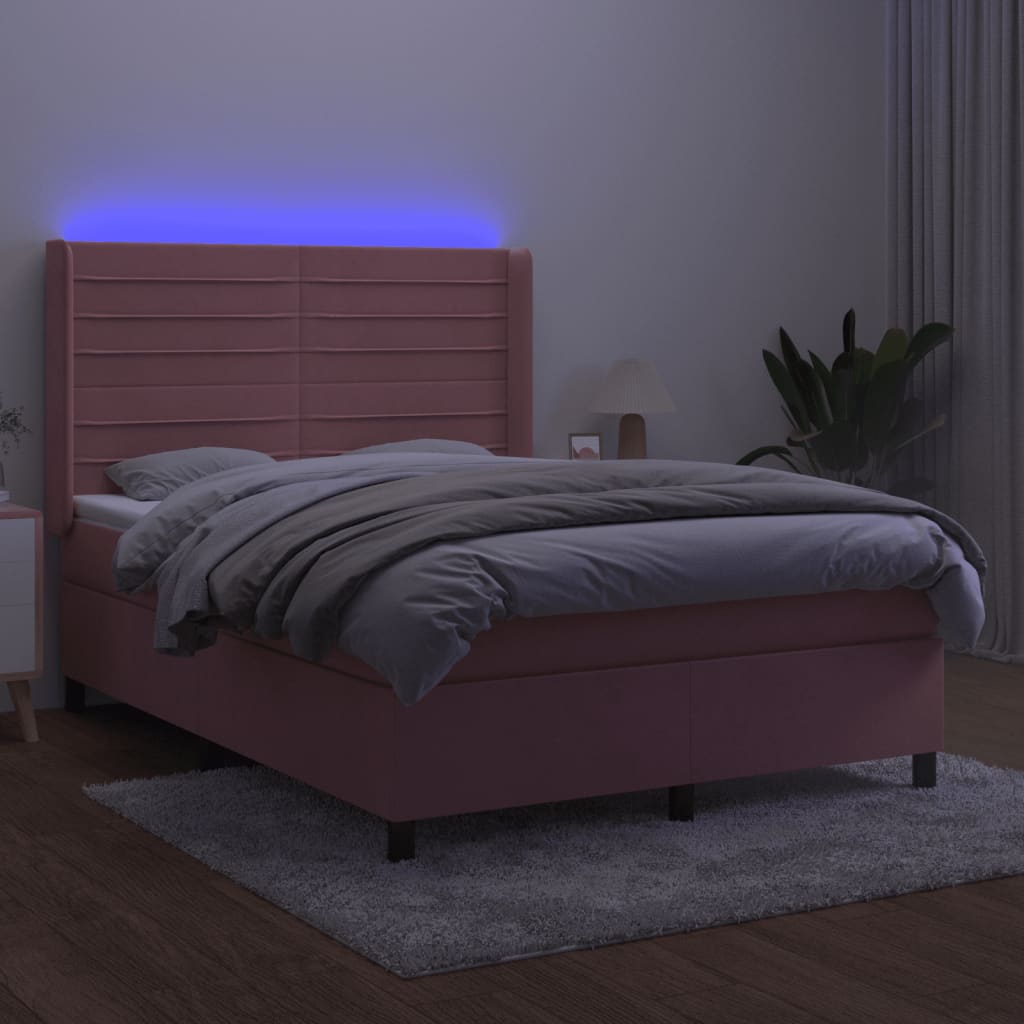 Rózsaszín bársony rugós és LED-es ágy matraccal 140x190 cm 3