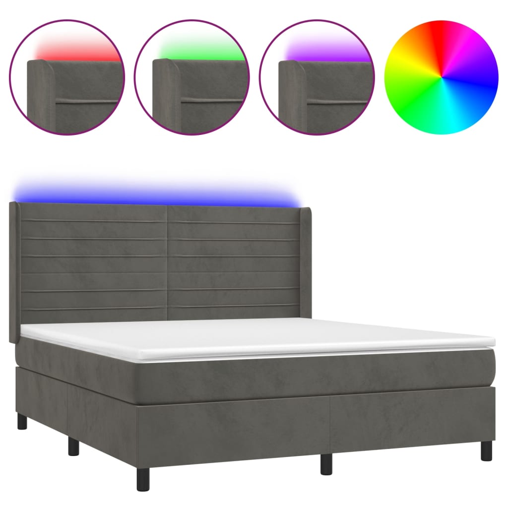 Sötétszürke bársony rugós és LED-es ágy matraccal 160x200 cm 2