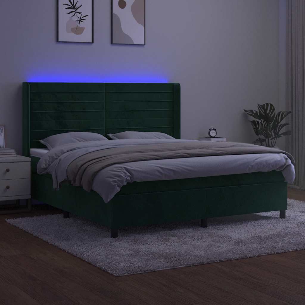 Sötétzöld bársony rugós és LED-es ágy matraccal 160x200 cm 3
