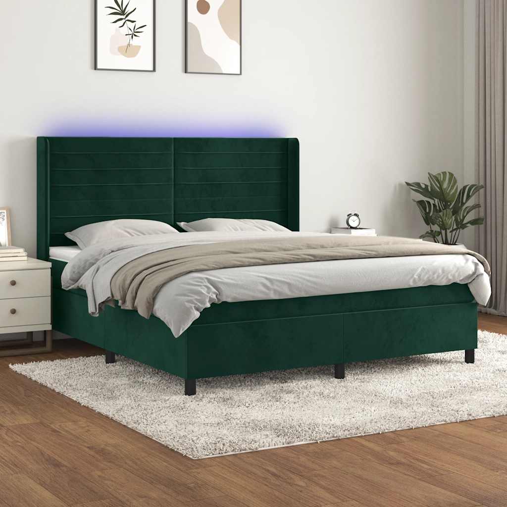 Sötétzöld bársony rugós és LED-es ágy matraccal 160x200 cm