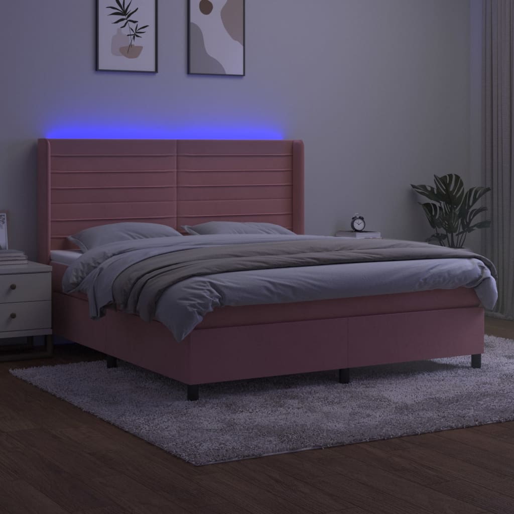 Rózsaszín bársony rugós és LED-es ágy matraccal 160x200 cm 3