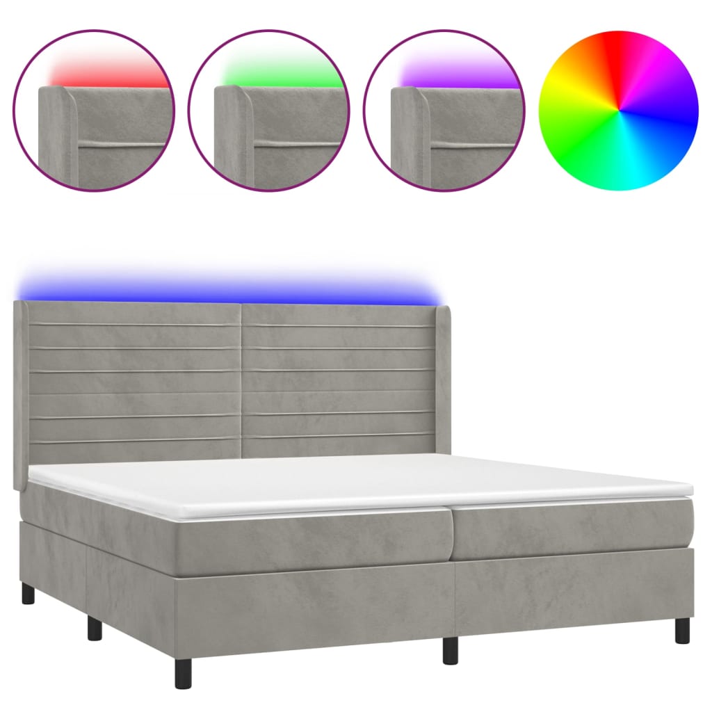 Világosszürke bársony rugós és LED-es ágy matraccal 200x200 cm 2