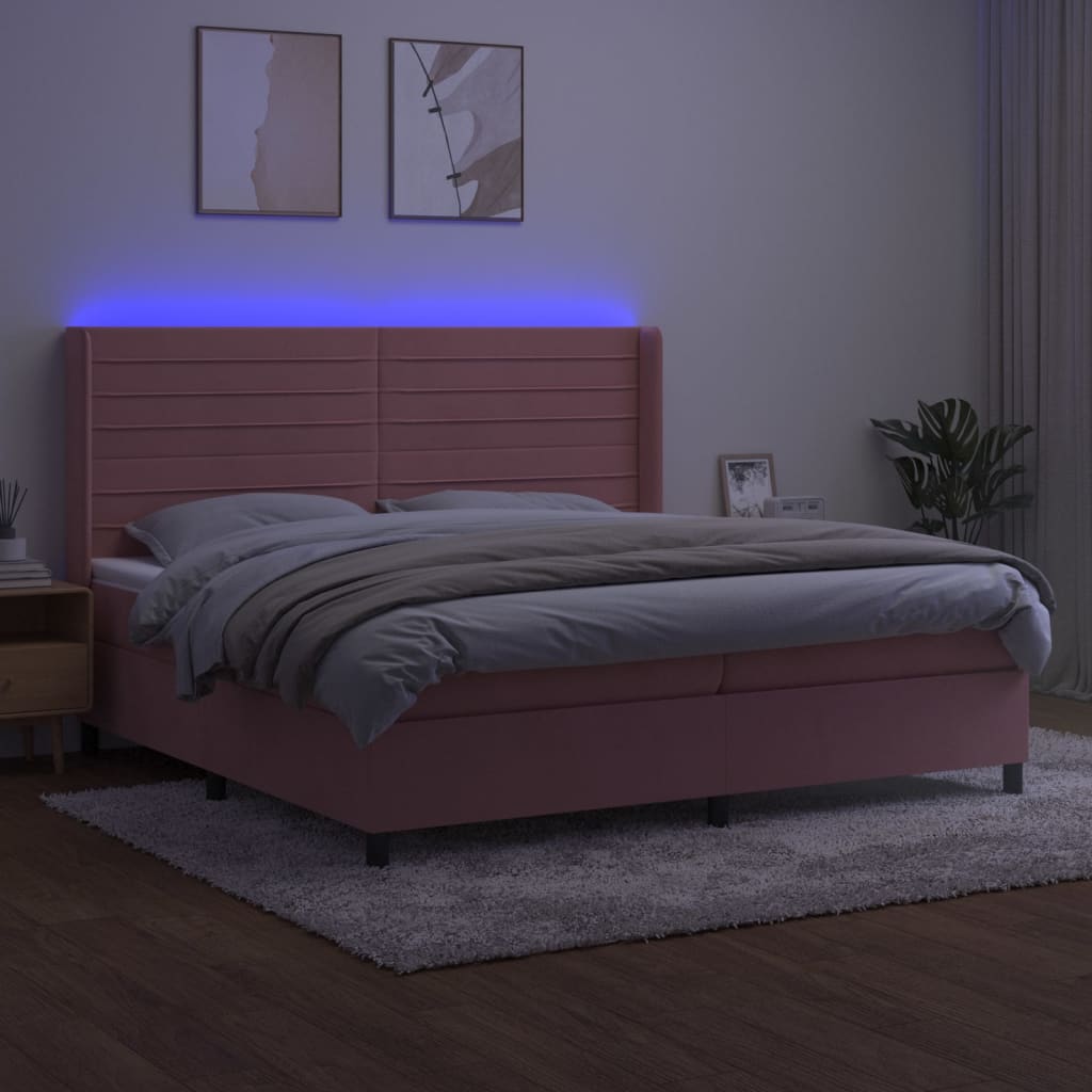 Rózsaszín bársony rugós és LED-es ágy matraccal 200x200 cm 3