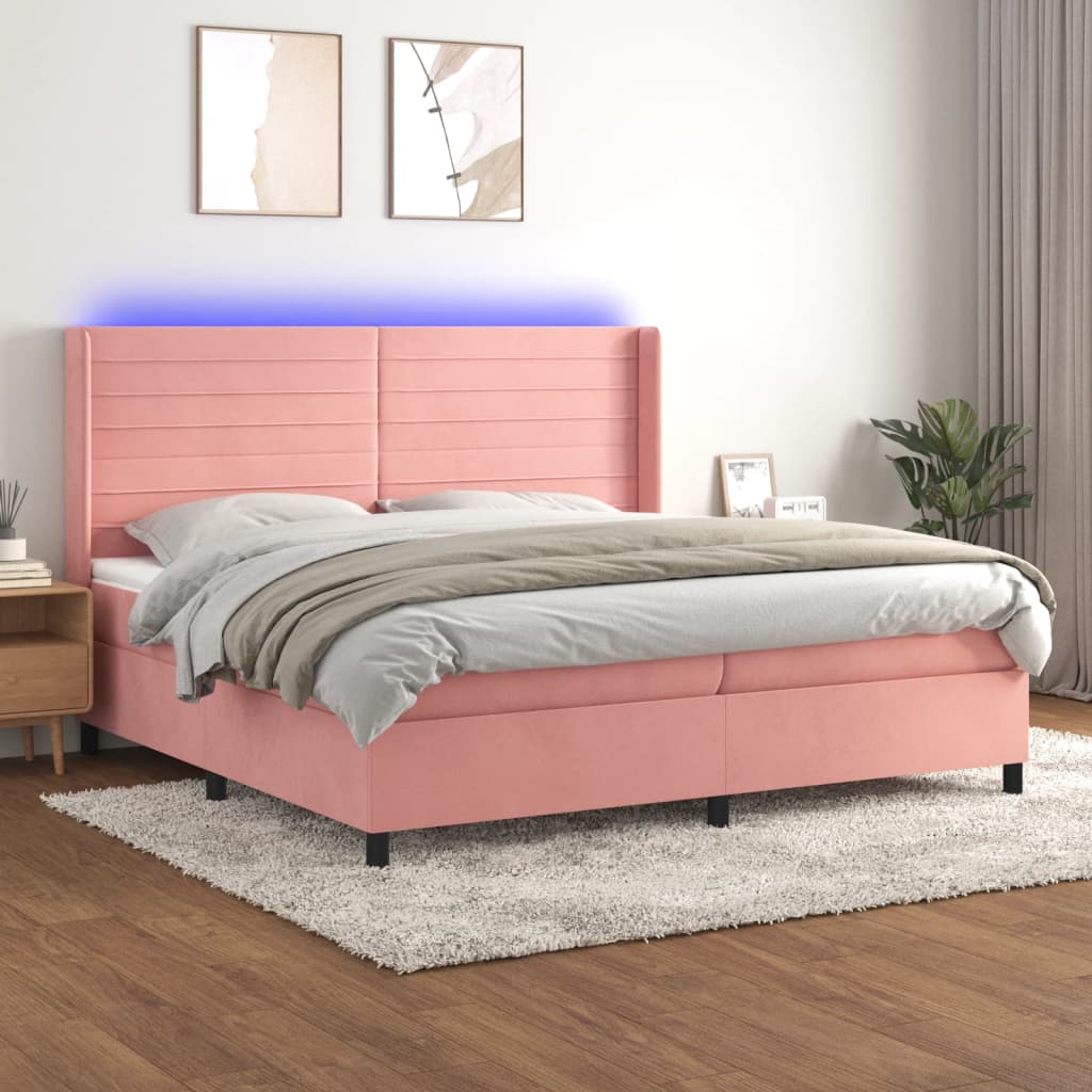 Rózsaszín bársony rugós és LED-es ágy matraccal 200x200 cm
