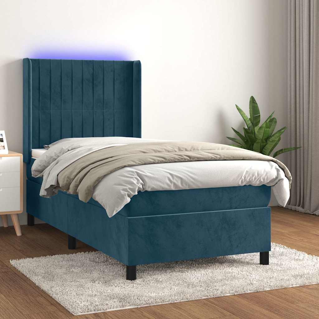 Sötétkék bársony rugós és LED-es ágy matraccal 80 x 200 cm