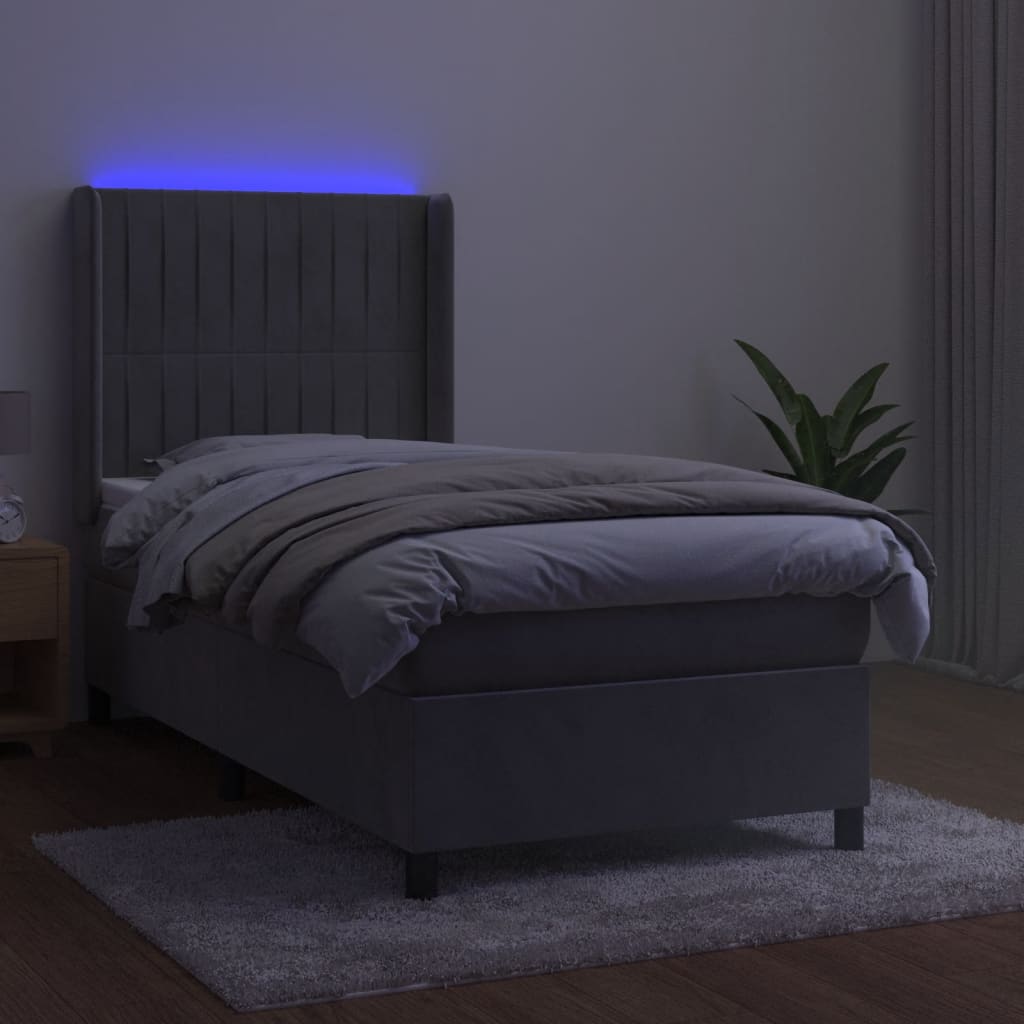Világosszürke bársony rugós és LED-es ágy matraccal 90x190 cm 3
