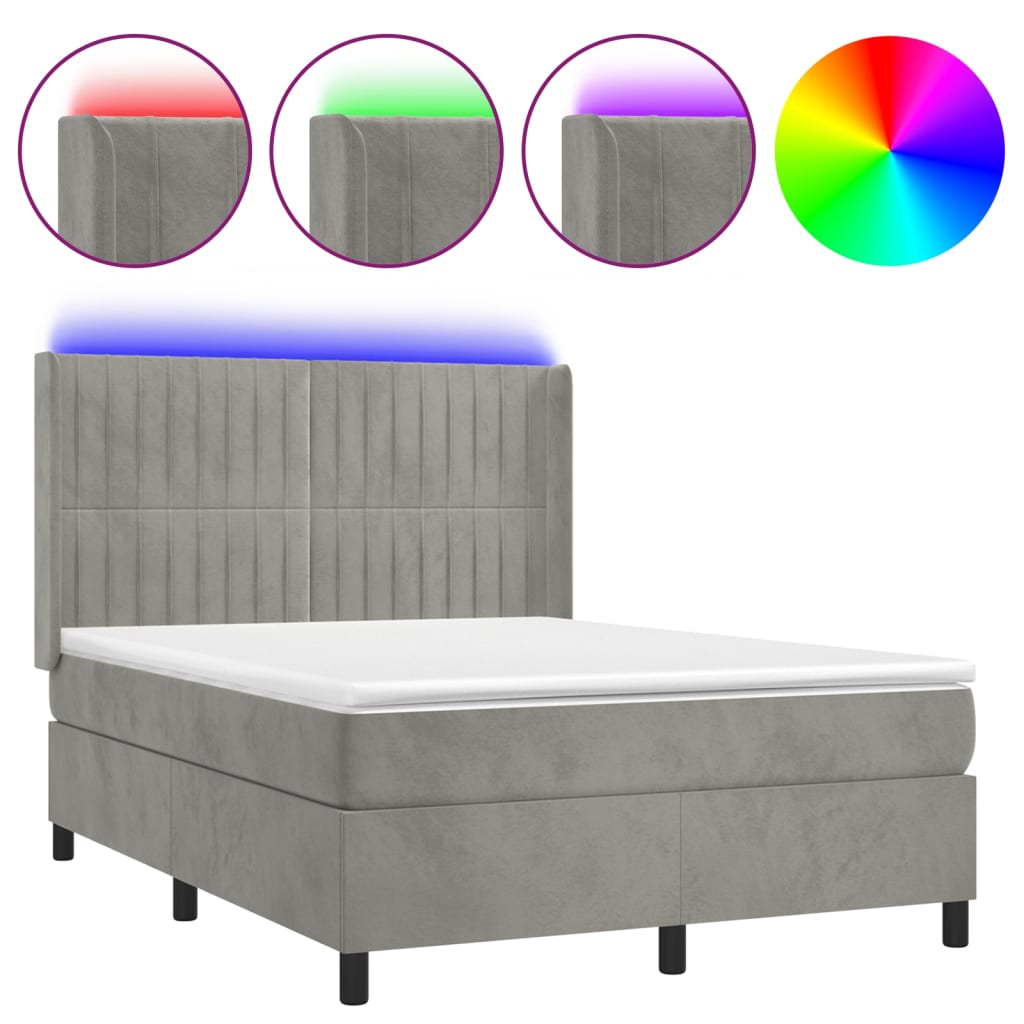 Világosszürke bársony rugós és LED-es ágy matraccal 140x190 cm 2