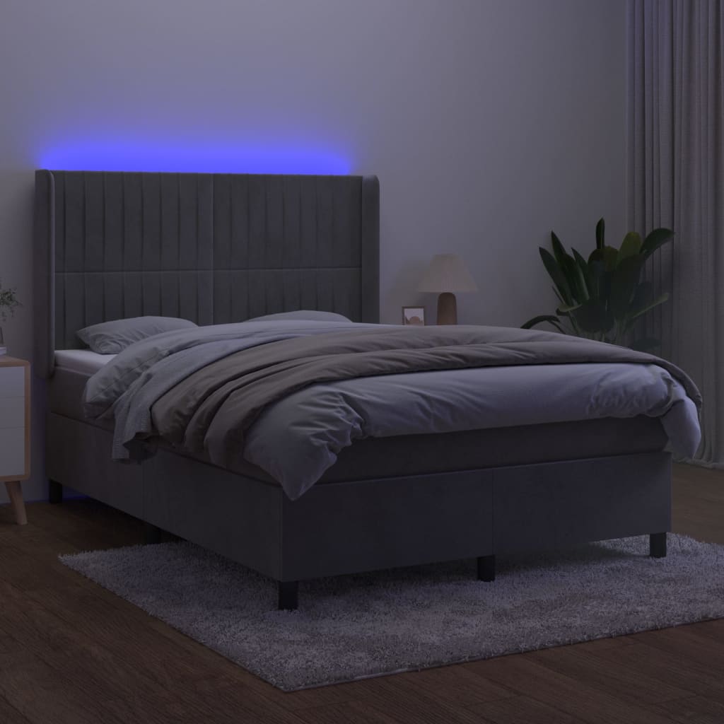 Világosszürke bársony rugós és LED-es ágy matraccal 140x190 cm 3