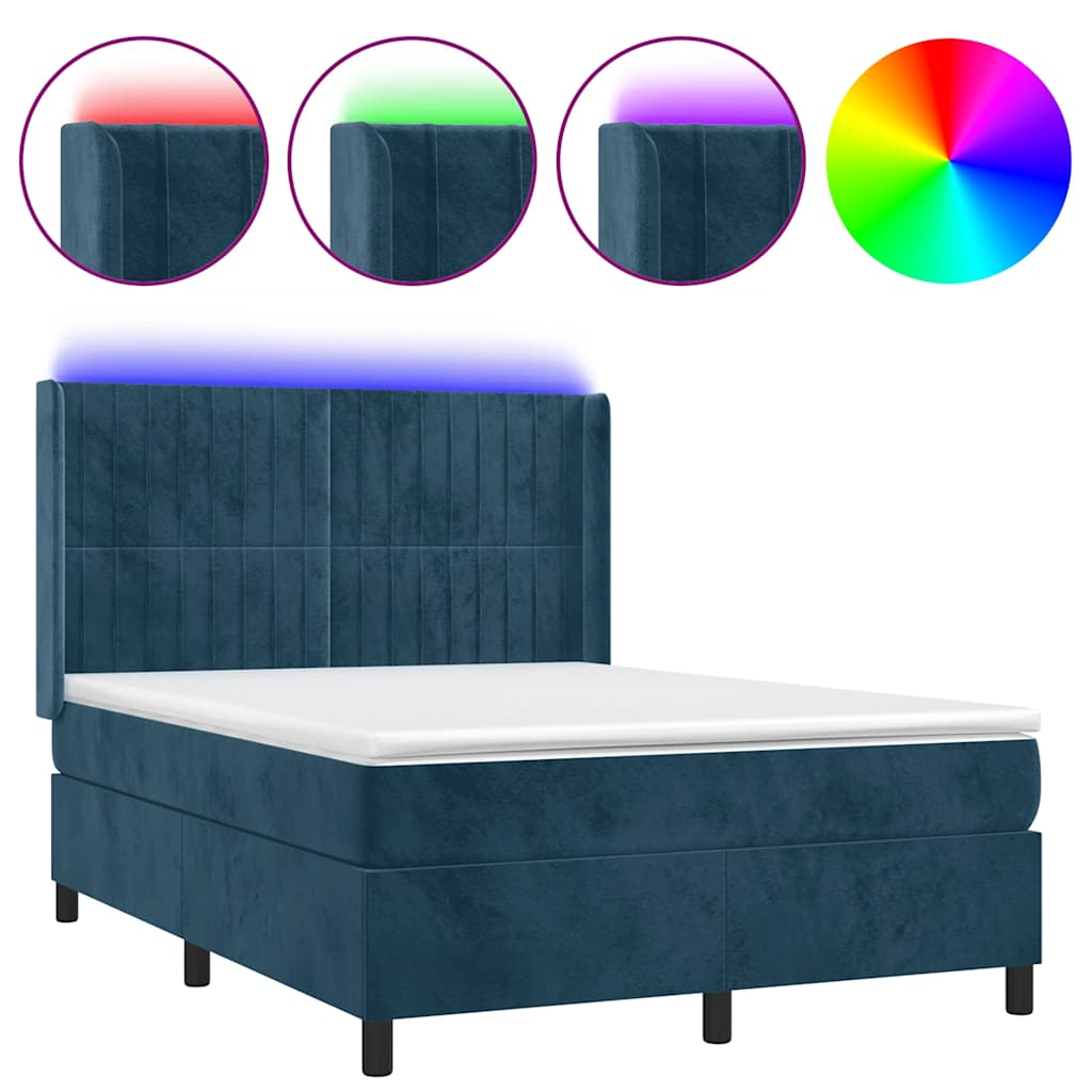 Sötétkék bársony rugós és LED-es ágy matraccal 140x190 cm 2