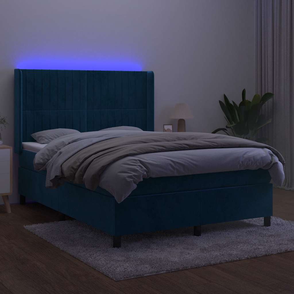 Sötétkék bársony rugós és LED-es ágy matraccal 140x190 cm 4