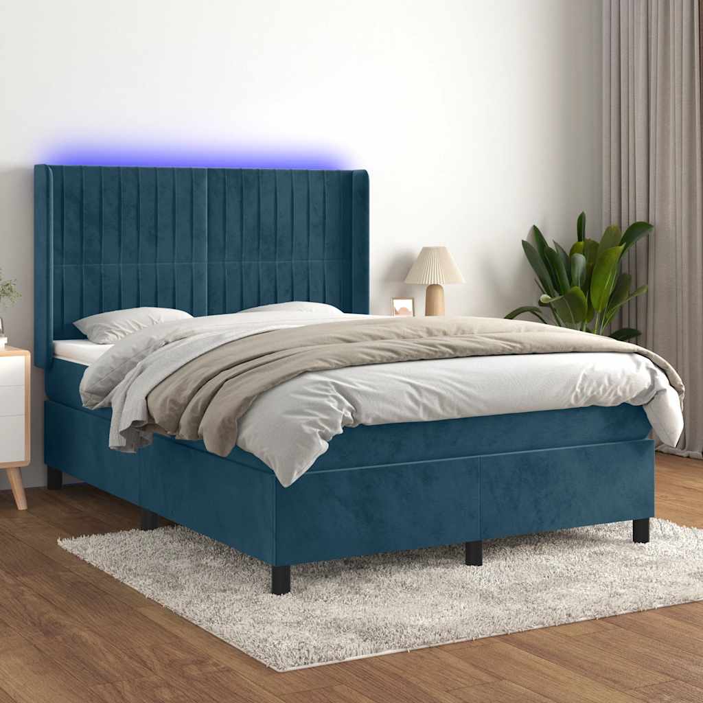 Sötétkék bársony rugós és LED-es ágy matraccal 140x190 cm
