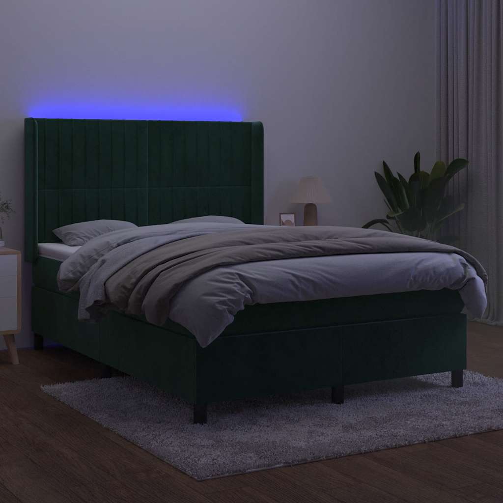 Sötétzöld bársony rugós és LED-es ágy matraccal 140x200 cm 3