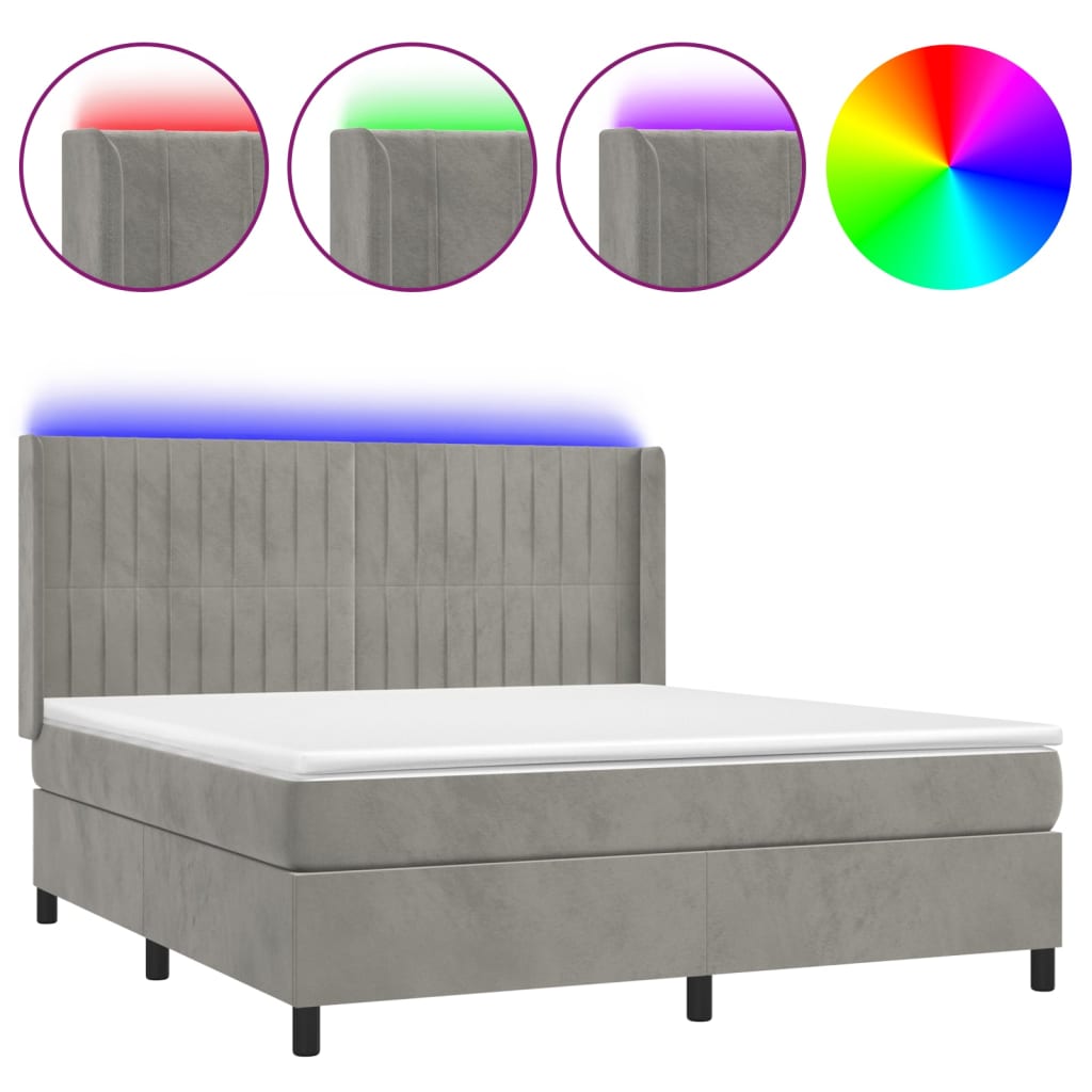 Világosszürke bársony rugós és LED-es ágy matraccal 160x200 cm 2