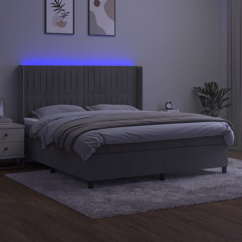 Világosszürke bársony rugós és LED-es ágy matraccal 160x200 cm 3