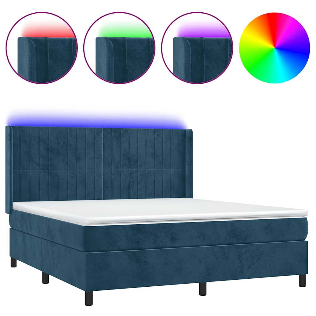 Sötétkék bársony rugós és LED-es ágy matraccal 160x200 cm 2