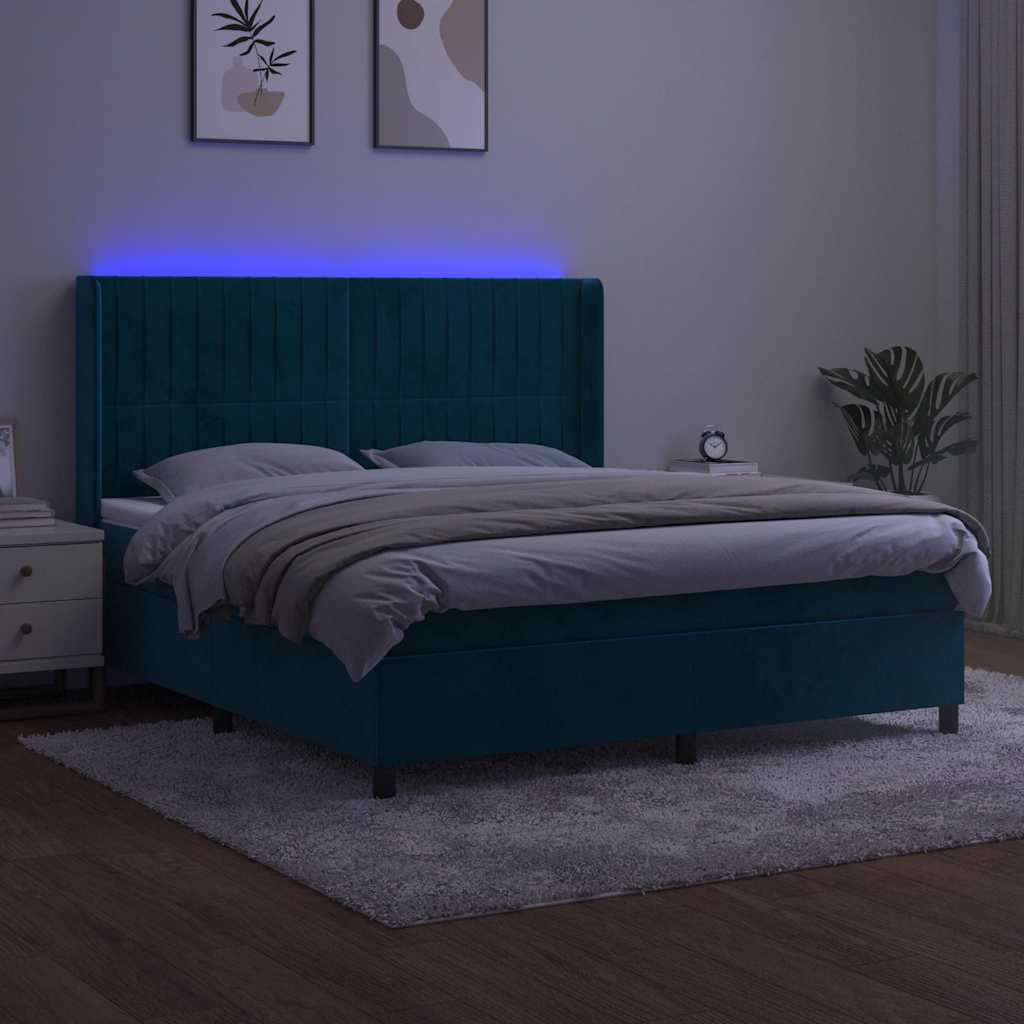Sötétkék bársony rugós és LED-es ágy matraccal 160x200 cm 4