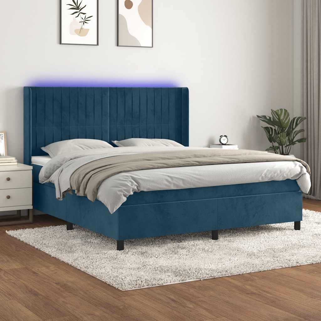 Sötétkék bársony rugós és LED-es ágy matraccal 160x200 cm