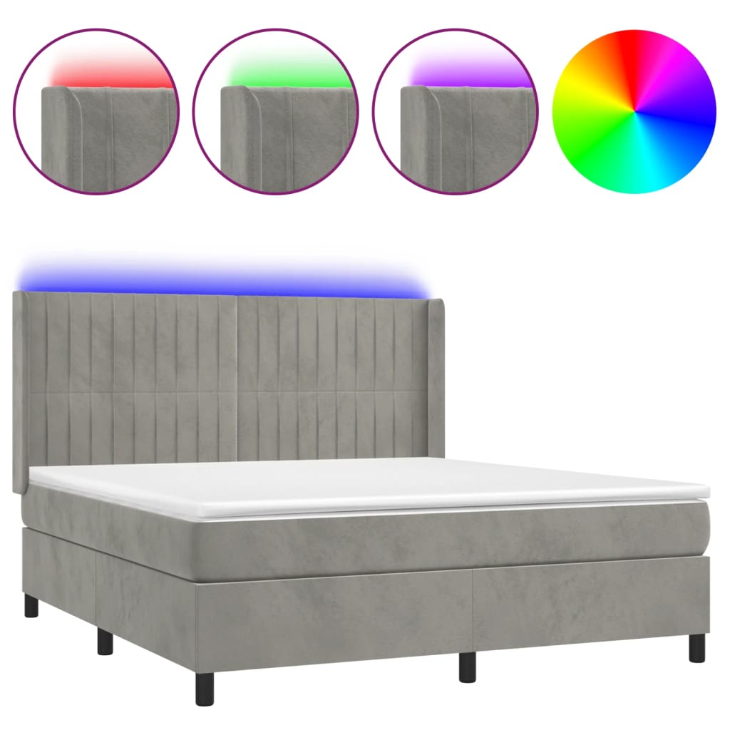 Világosszürke bársony rugós és LED-es ágy matraccal 180x200 cm 2