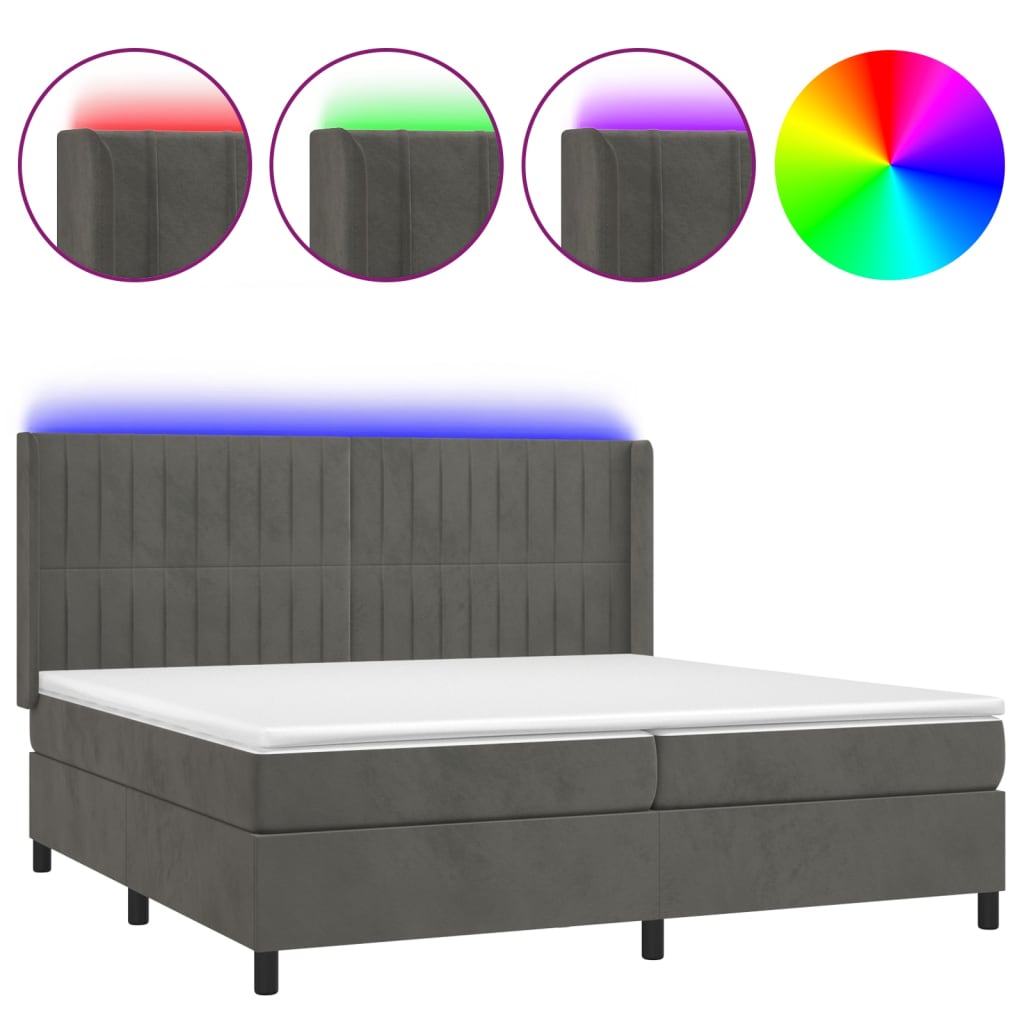 Sötétszürke bársony rugós és LED-es ágy matraccal 200x200 cm 2